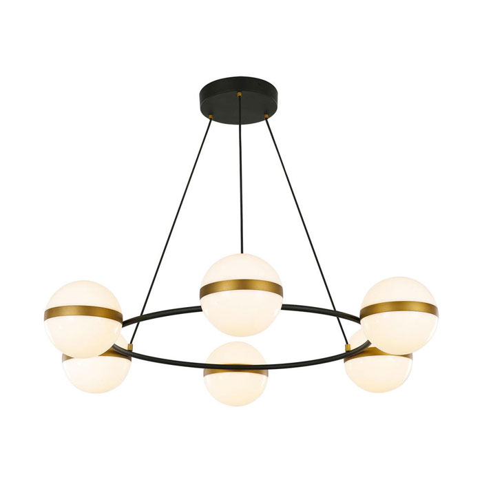 Tagliato Collection LED Chandelier with Matte Black Frame and Satin Gold Bands with Opal Glass Globes Alora Lighting CH302006MBSG