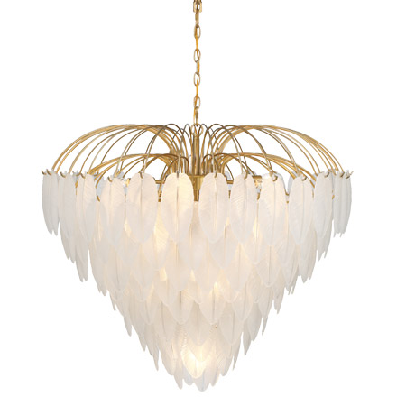 Boa Collection 9-Light Chandelier in Warm Brass with Cascading Overlapping Frosted Glass Feathers Savoy House 1-3504-9-322