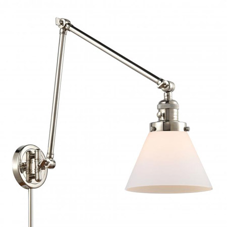 Cone Collection 1-Light Swingarm Wall Lamp in Polished Nickel with Frosted Glass Shade Innovations Lighting 238-PN-G41