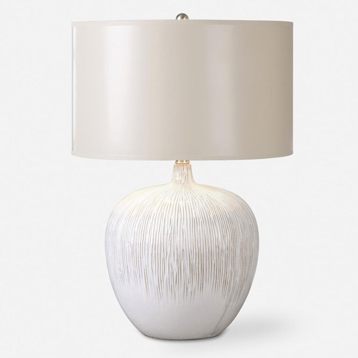 Georgios Collection 1-Light Table Lamp with Distressed Aged Ivory Ceramic Glaze and Hand-painted Champagne Bronze Hardback Shade Uttermost 3276194-1