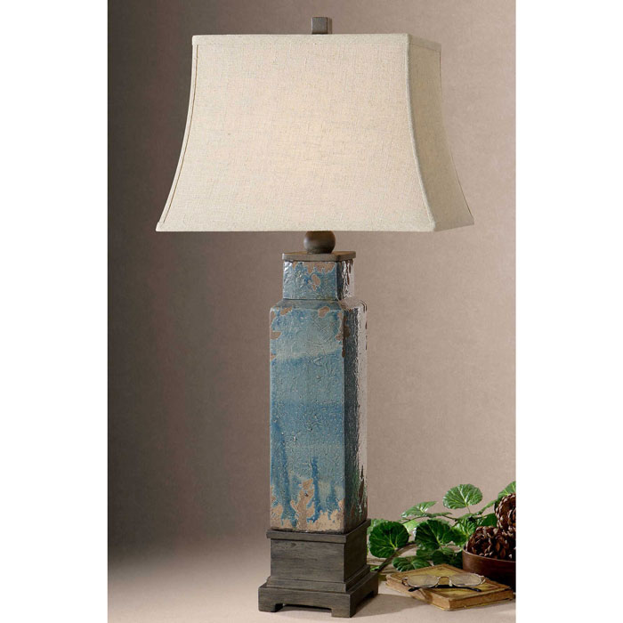 Soprana Collection 1-Light Table Lamp with Distressed Blue Glaze Ceramic Base and Dark Rustic Bronze Details with Rectangular Bell Khaki Linen Shade Uttermost 26833