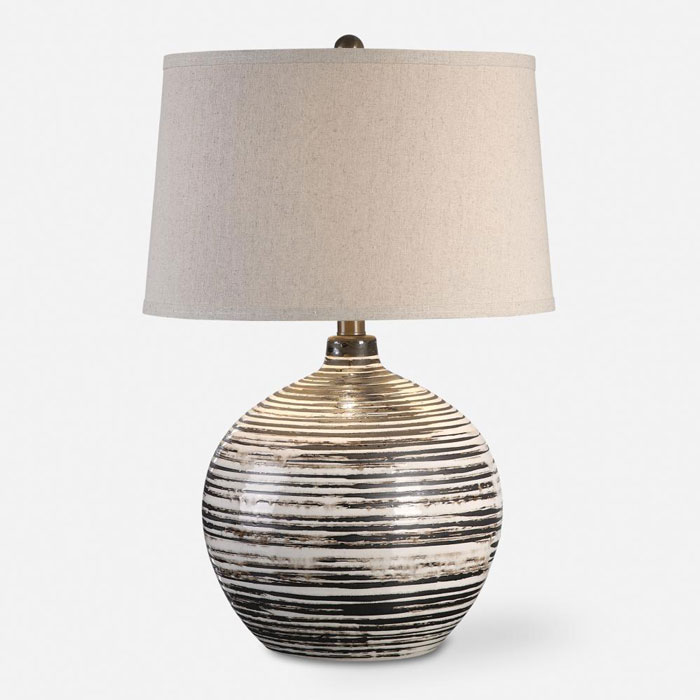 Bloxom Mocha Collection 1-Light Table Lamp with Textured Dark Mocha / Ivory Striped Ceramic Base and Oatmeal Linen Round Hardback Shade Uttermost 3287315-1