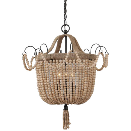 Civenna Collection 3-Light Pendant in Aged Black with Natural Wood Beads and Rope Accents Uttermost 21992