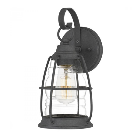 Admiral Collection 1-Light Outdoor Wall Mount Lantern in Mottled Black with Caged Clear Glass Shade Quoizel AMR8406MB